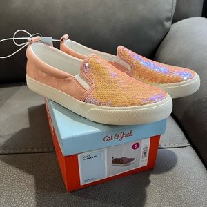 NEW Cat & Jack big kids (size 5) slip on sneakers, pink flip sequin